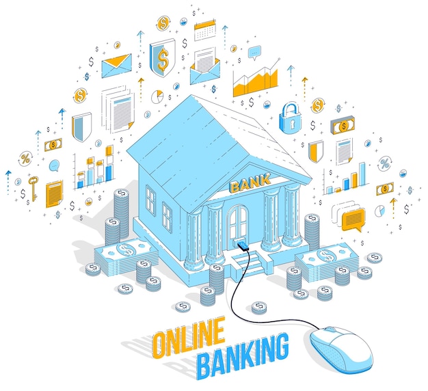 Concepto de banca en línea, edificio de banco con ratón de computadora conectado aislado sobre fondo blanco. Ilustración de negocios isométricos vectoriales 3d con iconos, gráficos de estadísticas y elementos de diseño.
