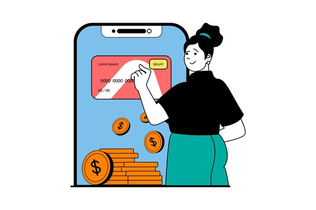 Concepto de banca móvil con escena de personas en diseño web plano Mujer administrando tarjetas de crédito y cuentas financieras con ganancias dinero Ilustración vectorial para material de marketing de banners en redes sociales