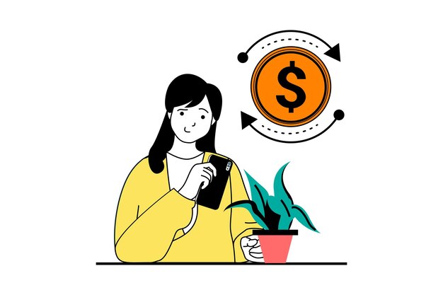 Concepto de banca móvil con escena de personas en diseño web plano Mujer haciendo inversiones y procesando transacciones financieras con moneda Ilustración vectorial para material de marketing de banners en redes sociales