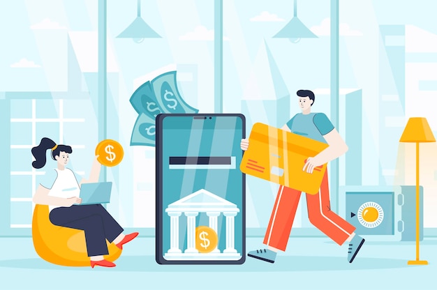 Concepto de banca móvil en la ilustración de diseño plano de personajes de personas para la página de destino