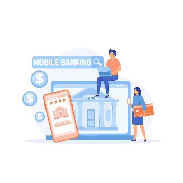 Concepto de banca móvil y pago en línea. Personas que usan computadoras portátiles y teléfonos inteligentes móviles para banca y contabilidad en línea. ilustración moderna de vector plano