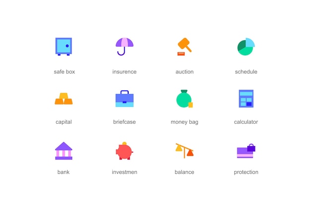 Concepto bancario de iconos web en diseño plano de color Paquete de caja fuerte maletín de subasta de seguros