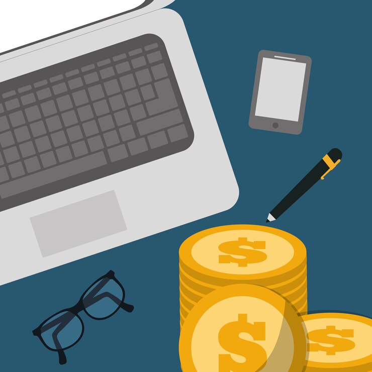Vector concepto bancario portátil pluma gafas pila monedas