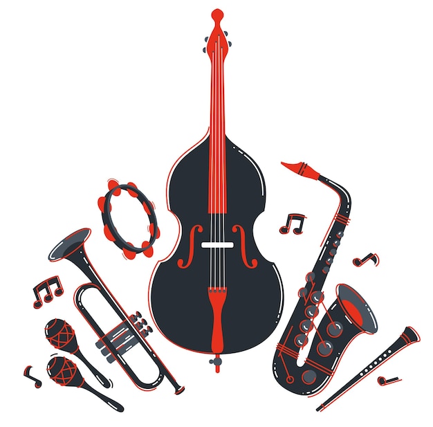 Vector concepto de banda de música de jazz diferentes instrumentos ilustración plana vectorial aislada en fondo blanco sonido en vivo festival o concierto músico conjunto de diferentes instrumentos