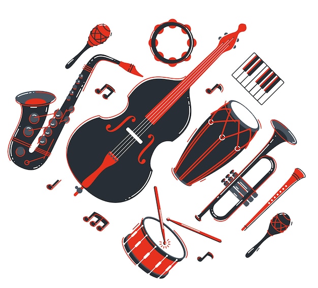 Concepto de banda de música de jazz diferentes instrumentos ilustración plana vectorial aislada en fondo blanco sonido en vivo festival o concierto músico conjunto de diferentes instrumentos