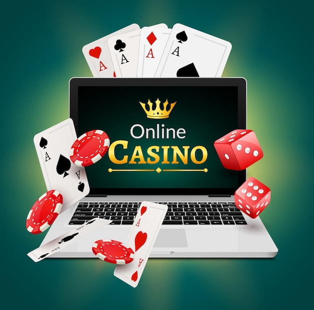 Concepto de banner de casino en línea con ordenador portátil. Diseño de póquer o juegos de azar de casino de fortuna. Ilustración de vector de dados y chips.