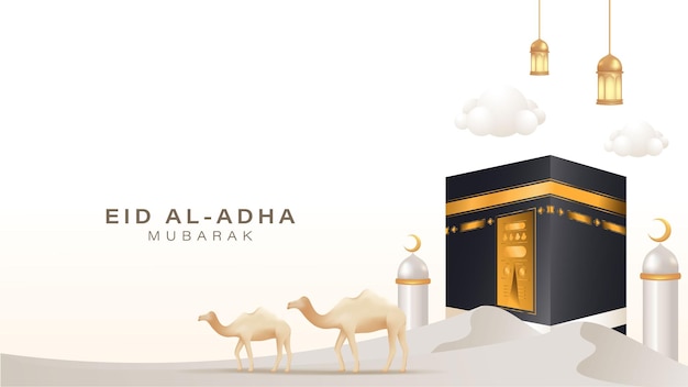 Concepto de banner de celebración de eid al adha con kaaba y escena de medio oriente