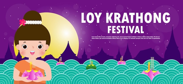 Concepto de banner del festival loy krathong con linda mujer tailandesa en traje nacional sosteniendo krathong