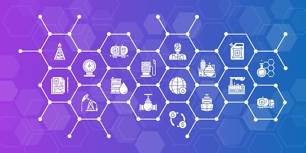 Concepto de banner de iconos de negocios de industria petrolera Ingeniero de camiones de combustible Infografía de banner web de carga de gasolina