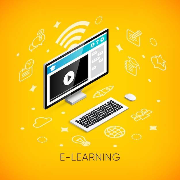 Concepto de banner isométrico de e-learning. Computadora de escritorio 3D con video lección en la pantalla del monitor, iconos y texto. Educación en línea, cursos de formación, escuela en línea e ilustración universitaria