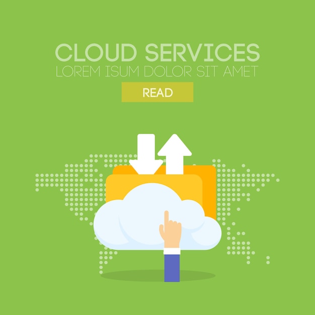 Concepto de banner de servicio en la nube. Fondo del mapa. Ilustración vectorial
