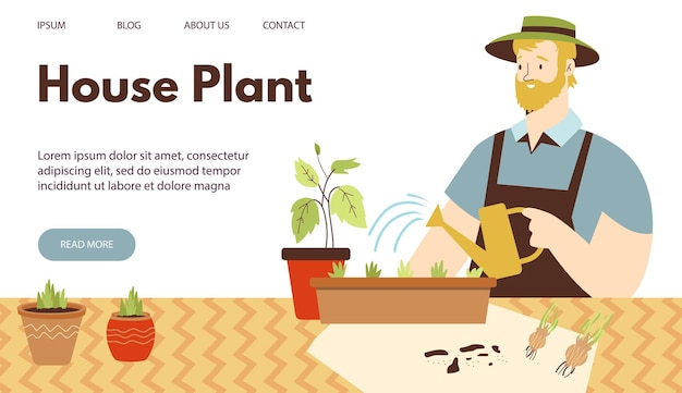 Concepto de banner de sitio web de selva urbana con hombre regando plantas de interior ilustración vectorial plana...