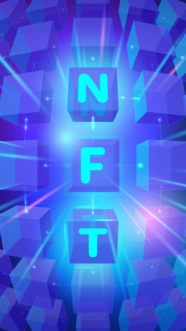 Vector concepto de banner de tokens no fungibles con tipografía nft sobre fondo de cubos azules