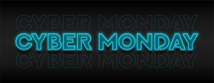 Vector concepto de banner de venta de cyber monday símbolo brillante para decoración venta de cyber monday aislada en un fondo borroso con código fuente de programación tabla de anuncios de cyber monday de neón azul para ventas estacionales