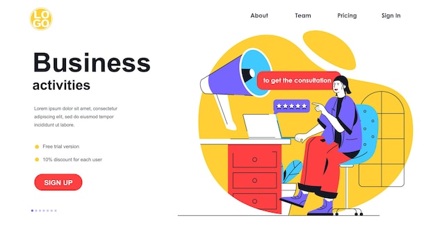 Concepto de banner de web de actividades empresariales. Empresaria haciendo campaña publicitaria, promoción en línea, consulta, plantilla de página de destino. Ilustración de vector con escena de personas en diseño plano