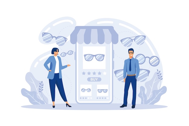 Concepto de banner web de compras en línea cliente de comercio electrónico en la aplicación de venta en la tienda de gafas de teléfono móvil