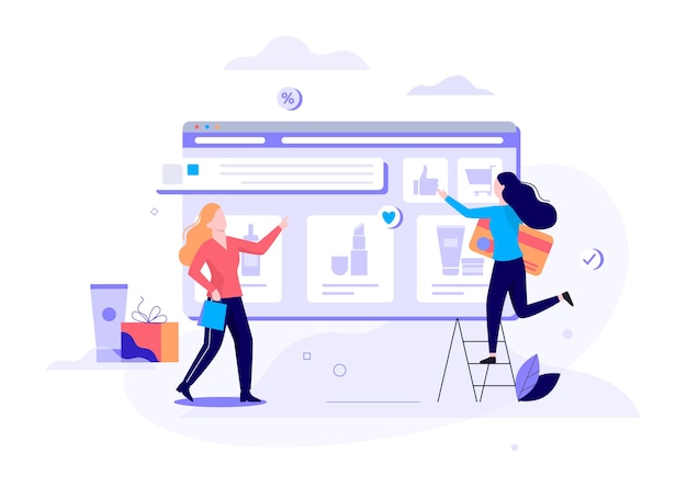 Concepto de banner web de compras en línea. Comercio electrónico, cliente a la venta. Aplicación en teléfono móvil. Tienda de cosméticos. ilustración con estilo