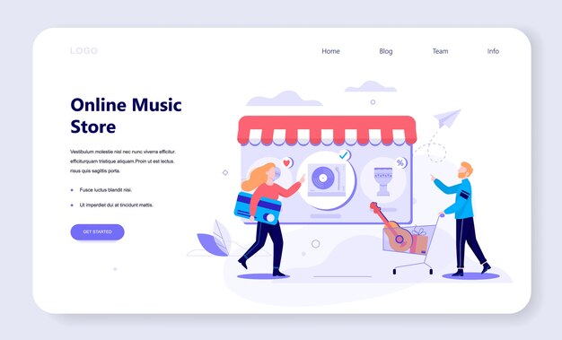 Concepto de banner web de compras en línea. comercio electrónico, cliente a la venta. aplicación en teléfono móvil. tienda de música. ilustración con estilo