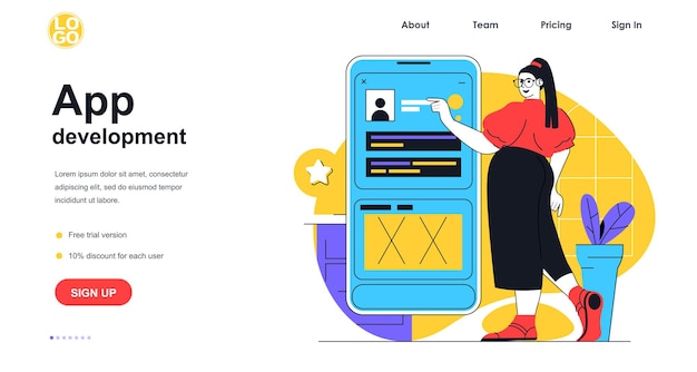 Concepto de banner web de desarrollo de aplicaciones. la mujer desarrolladora crea y optimiza la interfaz de la aplicación del teléfono inteligente, programando la plantilla de la página de destino. ilustración de vector con escena de personas en diseño plano