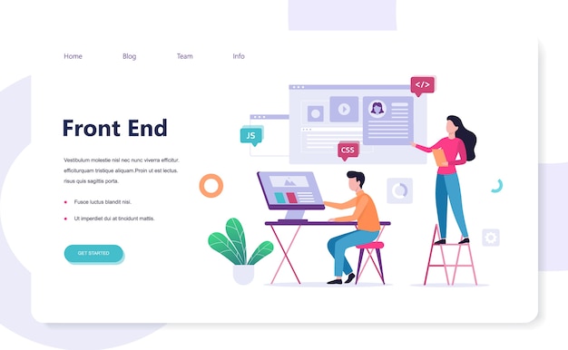 Vector concepto de banner web de desarrollo frontend. mejora de la interfaz del sitio web. desarrollador mirando el gráfico. ilustración