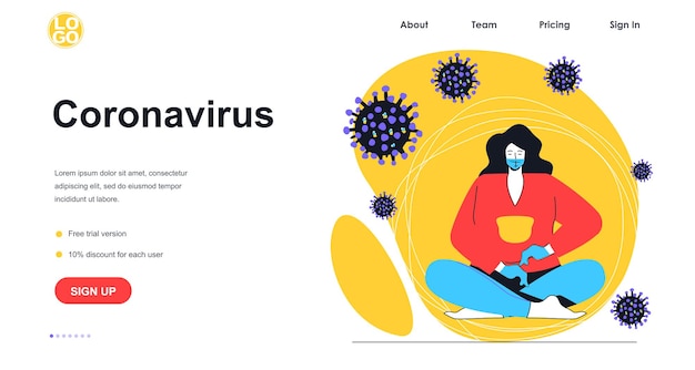 Concepto de banner web de enfermedad de coronavirus. mujer con máscara médica y guantes protege contra infecciones virales, plantilla de página de destino de precauciones contra virus. ilustración de vector con escena de personas en diseño plano