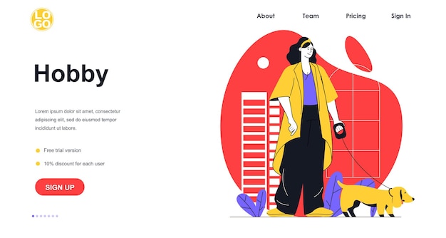 Concepto de banner web de hobby. la mujer está paseando a un perro. la dueña de la mascota se encarga del cachorro, entrena y pasa tiempo al aire libre, plantilla de página de destino. ilustración de vector con escena de personas en diseño plano