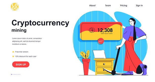 Concepto de banner web de minería de criptomonedas. Mujer con pick ganando bitcoins, gana dinero criptográfico, plantilla de página de destino de tecnología blockchain. Ilustración de vector con escena de personas en diseño plano