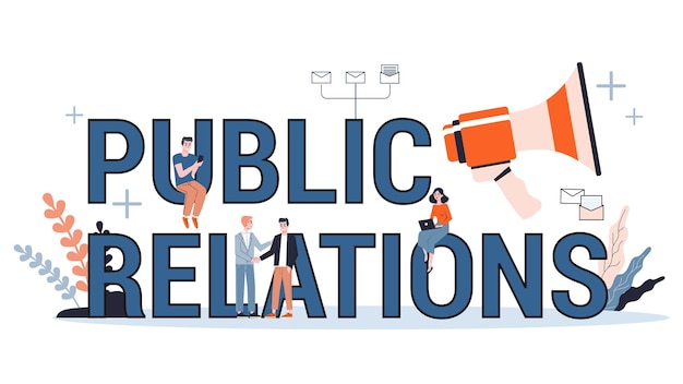 Concepto de banner web de relaciones públicas. Idea de realizar anuncios a través de los medios de comunicación para publicitar su negocio. Estrategia de gestión y marketing. ilustración