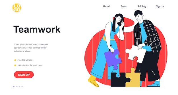 Concepto de banner web de trabajo en equipo. Compañeros de hombre y mujer con rompecabezas de colaboración y lluvia de ideas, trabajando en la plantilla de página de destino empresarial. Ilustración de vector con escena de personas en diseño plano