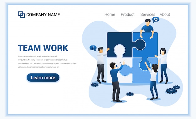 Vector concepto de banner de web de trabajo en equipo. personas juntas conectando pieza rompecabezas. liderazgo empresarial, asociación, metáfora del equipo. ilustración plana