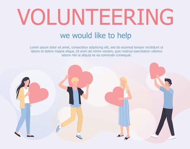 Vector concepto de banner web de voluntariado. equipo de voluntarios ayuda a personas, proyectos benéficos y donaciones. los corazones como metáfora de la filantropía. ilustración