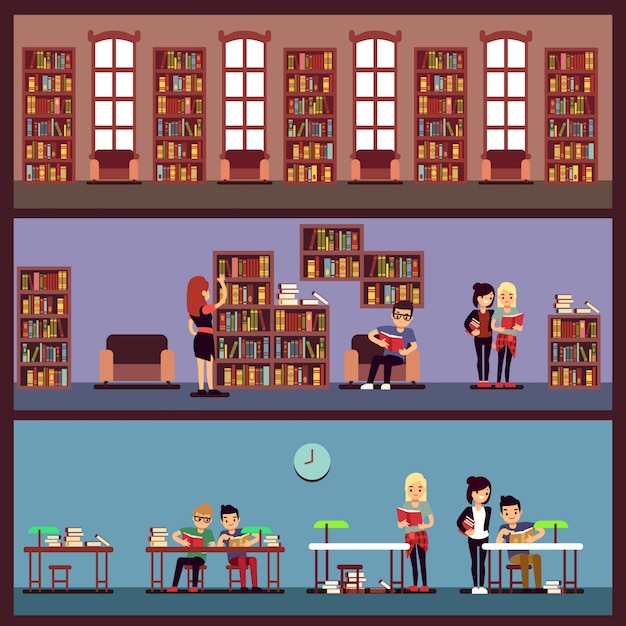 Concepto de banners de biblioteca pública con diferentes estudiantes leyendo libros. Biblioteca universitaria con librería, escuela y biblioteca con ilustración de literatura.