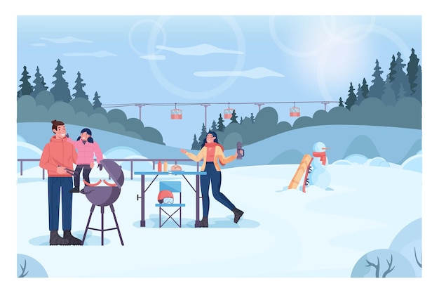 Concepto de barbacoa de invierno. Niños de la familia asando perros calientes, fiesta de barbacoa en la estación de esquí. Parrilla en colina nevada. Valle de la estación de esquí de montaña. Ilustración vectorial plana