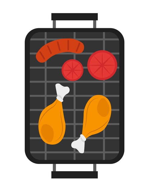 Concepto barbacoa parrilla salchicha tomates muslos de pollo Esta ilustración es un concepto para un diseño web plano con una escena de barbacoa de estilo de dibujos animados ilustración vectorial