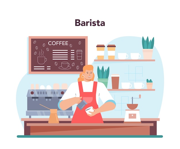 Concepto de barista. Camarero haciendo una taza de café caliente. Trabajador de cafetería haciendo sabrosa bebida energética con leche. Americano y capuchino, espresso y moka. Ilustración vectorial plana