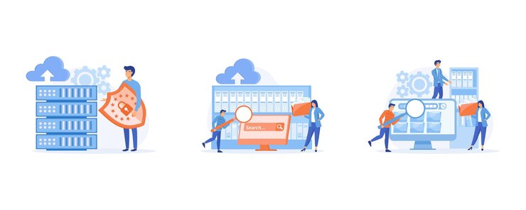 Vector concepto de base de datos segura, almacenamiento seguro de datos de usuario, archivo organizado. base de datos electrónica, establecer ilustración moderna de vector plano