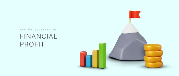 Concepto de beneficio financiero en estilo de dibujos animados montaña 3D con bandera en la parte superior de las monedas diagrama de colores