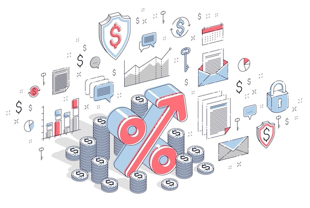 Concepto de beneficio de ingresos de tasa de porcentaje, símbolo de porcentaje con pila de dinero en efectivo aislado sobre fondo blanco. Ilustración isométrica de finanzas vectoriales 3d con iconos, gráficos estadísticos y elementos de diseño.