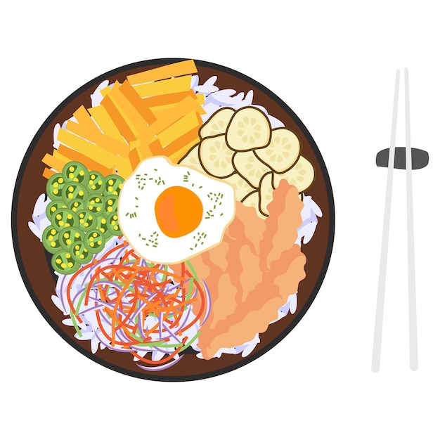 concepto de bibimbap de piedra caliente coreano bi bim bap o bi bim bop con un diseño de icono vectorial de huevo frito