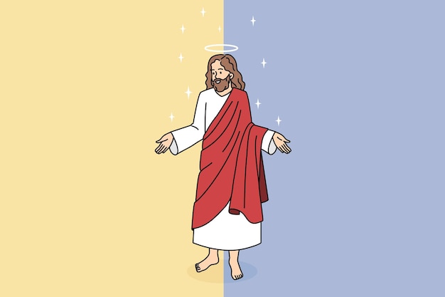 Concepto de Biblia y Jesucristo Amable Jesús sonriente en ropa roja de pie y mostrando