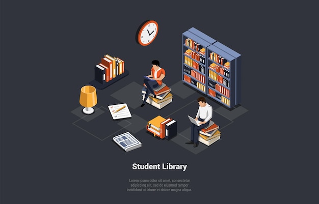 Concepto de biblioteca de libros multimedia La gente lee libros en línea en computadoras portátiles y tabletas usando la aplicación Interior de la biblioteca digital moderna con tecnología de librería y literatura Ilustración vectorial 3d isométrica