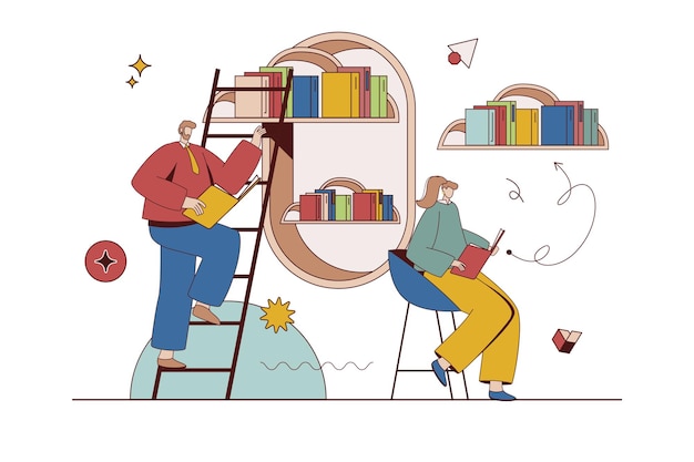 Concepto de biblioteca en la nube con situación de personaje en diseño plano hombre y mujer leyendo libros en línea y almacenando archivos usando archivos con tecnología en la nube ilustración vectorial con escena de personas para web