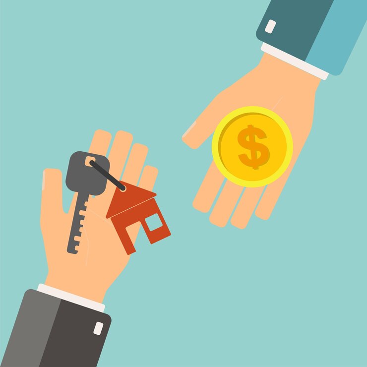 Concepto de bienes raíces Agente que tiene una llave para el hogar y el comprador tiene dinero Comprar casa