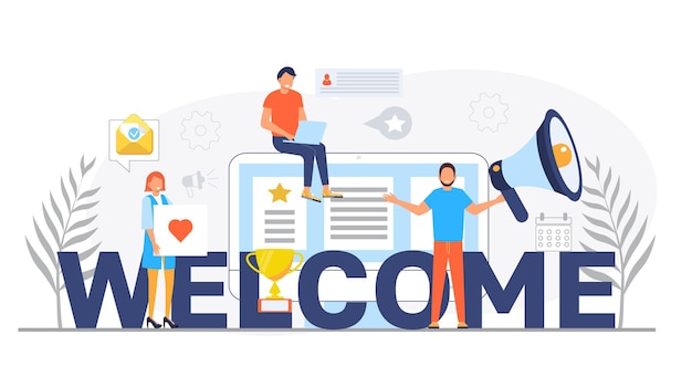 Concepto de bienvenida sitio web del enemigo del vector plano Las personas diminutas felices están cerca del texto enorme Trabajo en equipo de la oficina de dibujos animados y están saludando a los clientes en la tienda de la oficina en línea