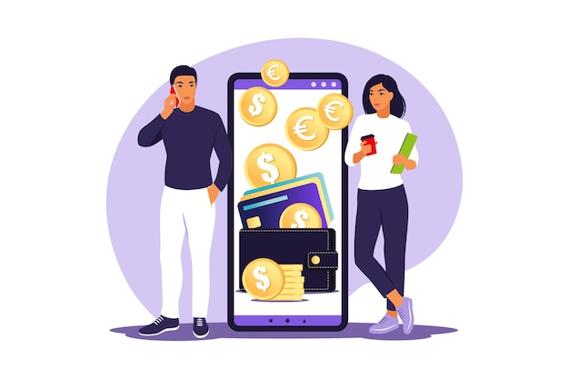Concepto de billetera digital. Los jóvenes pagan con tarjeta mediante pago móvil.