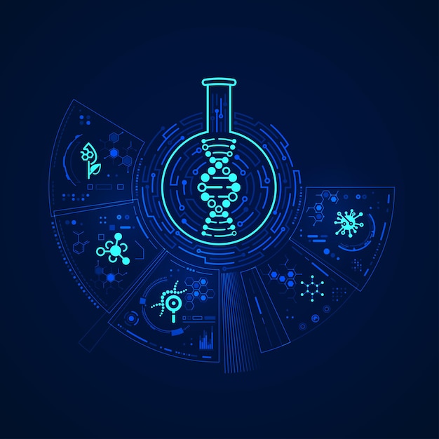 Concepto de biotecnología o biología sintética, gráfico de forma de ADN dentro del tubo de ensayo con elementos y iconos de química