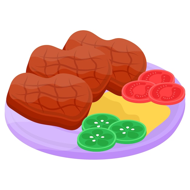 Vector concepto de bistec redondo piezas de carne de chuletón con vector de verduras símbolo de comida rápida signo de comida chatarra