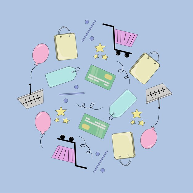 Concepto de Black Friday y Cyber week con elementos de compras en línea. Ilustración vectorial para tarjetas.