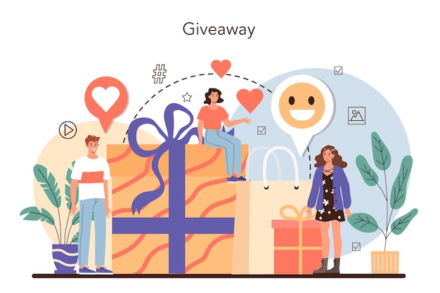 Concepto de blogger Compartir contenido multimedia en Internet Idea de redes sociales y redes Anuncio de obsequio de comunicación en línea Ilustración de vector plano aislado