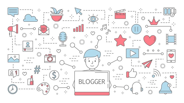Vector concepto de blogger. idea de transmitir en internet y obtener comentarios. contenido en redes sociales, crecimiento del número de seguidores y popularidad. conjunto de iconos de línea. ilustración